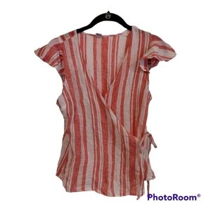 Old Navy linen blend coral and‎ white stripe wrap blouse